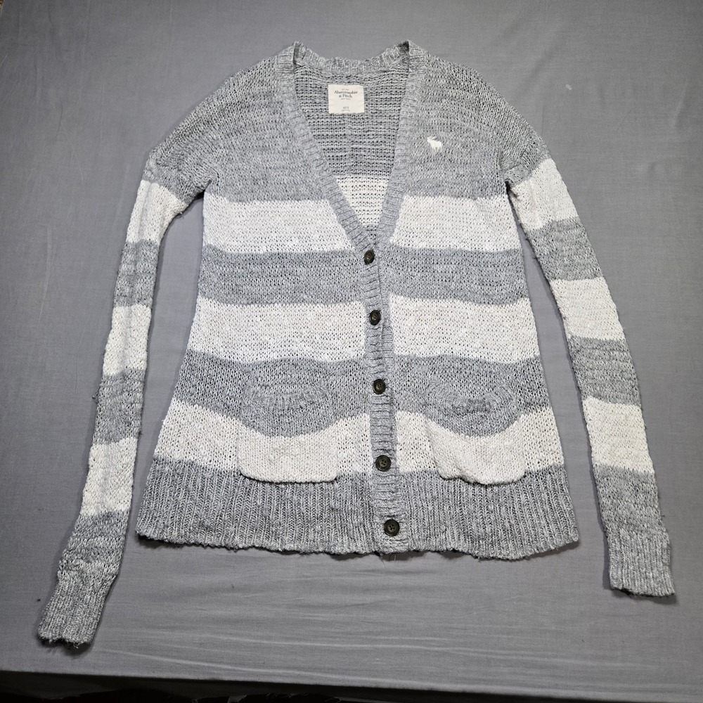 Y2K Abercrombie & Fitch Cardigan Sweater XS/S Gray White Striped Knit Soft Girl - Picture 2 of 7
